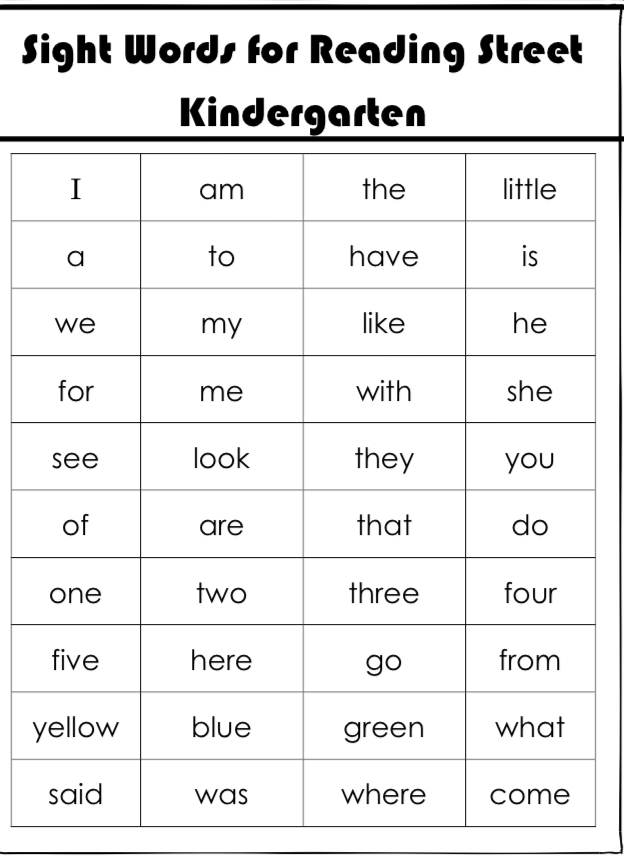 kindergarten sight word list
